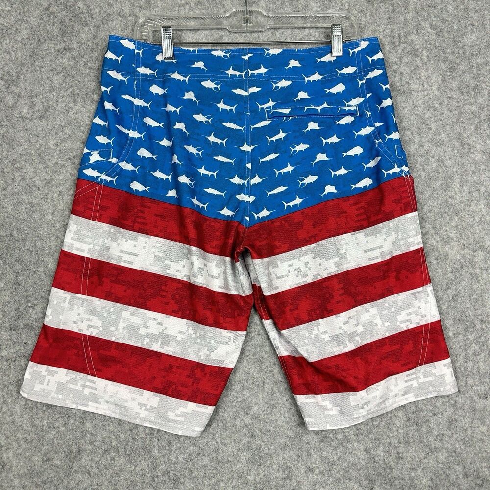 Pelagic Sharkskin Cargo Board Shorts Mens 34 Red White Blue USA Flag Beach 12" - Picture 5 of 12